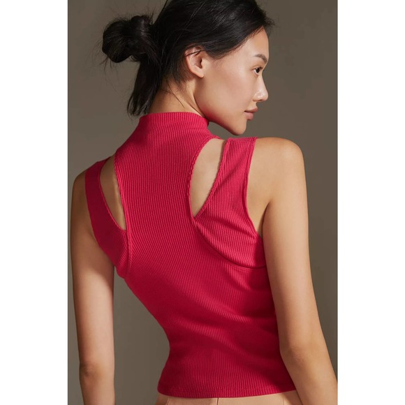 Anthropologie NWT Layered Cutout Tank Womens Sz Lg Pink Mock Neck Ribbed - Picture 3 of 9